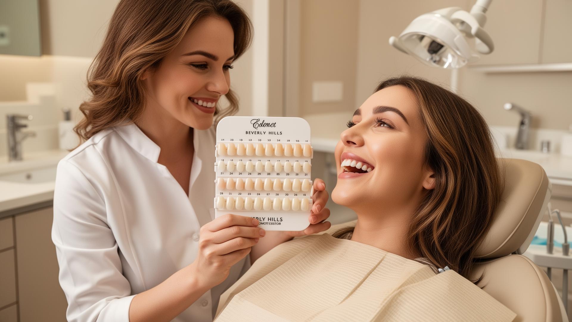Cosmetic dentist reviewing porcelain veneer shade options with a patient