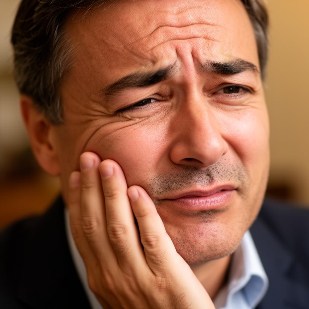 Patient holding cheek before emergency dental visit