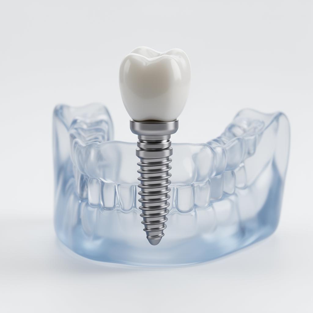 3D render of a single dental implant with porcelain crown