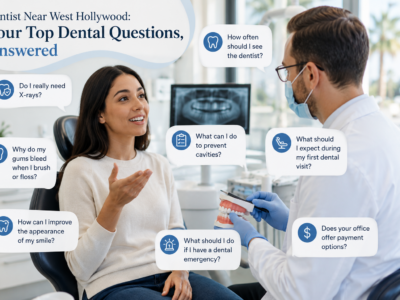 A woman sits in a dental office speaking with a male dentist; various dental questions appear as icons around them.