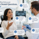 A woman sits in a dental office speaking with a male dentist; various dental questions appear as icons around them.
