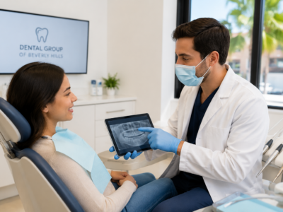 A dentist wearing a mask and gloves shows a dental X-ray on a tablet to a female patient sitting in a dental chair.