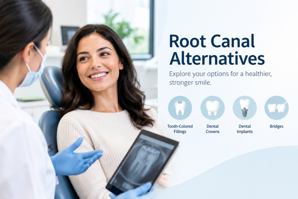 A dentist shows a patient an x-ray while discussing root canal alternatives tooth-colored fillings, dental crowns, dental implants, and bridges.