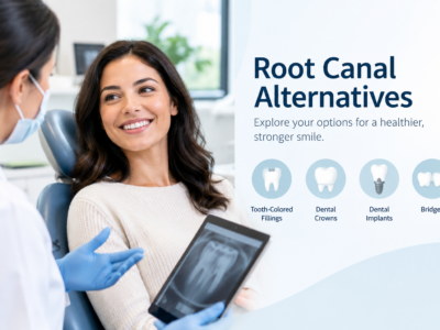 A dentist shows a patient an x-ray while discussing root canal alternatives tooth-colored fillings, dental crowns, dental implants, and bridges.