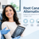 A dentist shows a patient an x-ray while discussing root canal alternatives tooth-colored fillings, dental crowns, dental implants, and bridges.