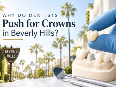 A gloved hand holds a dental crown above a tooth model with crowns; Beverly Hills street and sign are visible in the background.