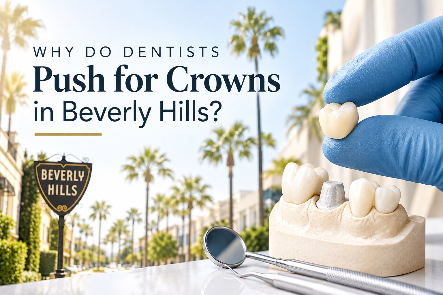 A gloved hand holds a dental crown above a tooth model with crowns; Beverly Hills street and sign are visible in the background.