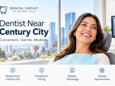 Woman sitting in a dental chair, smiling, with Century City skyline in the background. Text highlights dental office features: proximity, transparent pricing, modern technology, and flexible appointments.