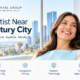 Woman sitting in a dental chair, smiling, with Century City skyline in the background. Text highlights dental office features: proximity, transparent pricing, modern technology, and flexible appointments.