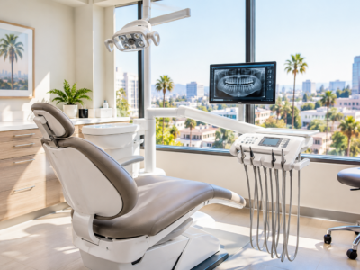 Modern dental office with a dentist chair, dental instruments, a monitor displaying a dental X-ray, and large windows showing a cityscape with palm trees.