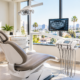 Modern dental office with a dentist chair, dental instruments, a monitor displaying a dental X-ray, and large windows showing a cityscape with palm trees.